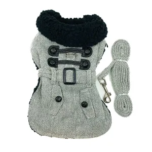 Gray Herringbone Dog Harness Coat with Black Faux Fur Collar