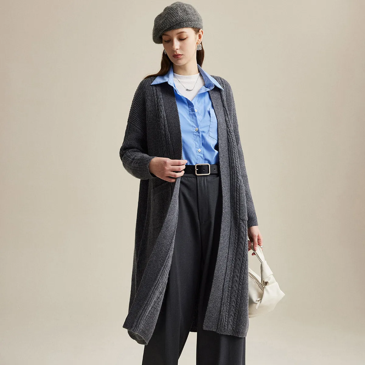 100% Wool Cardigan Cozy Long Knit Coats with Pockets