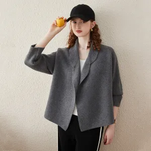 100% Wool Cardigan Womens Loose Knit Blazer Coat