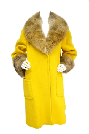 1960s Canary Yellow Boucle Wool Coat with Fox Fur Collar and Cuffs