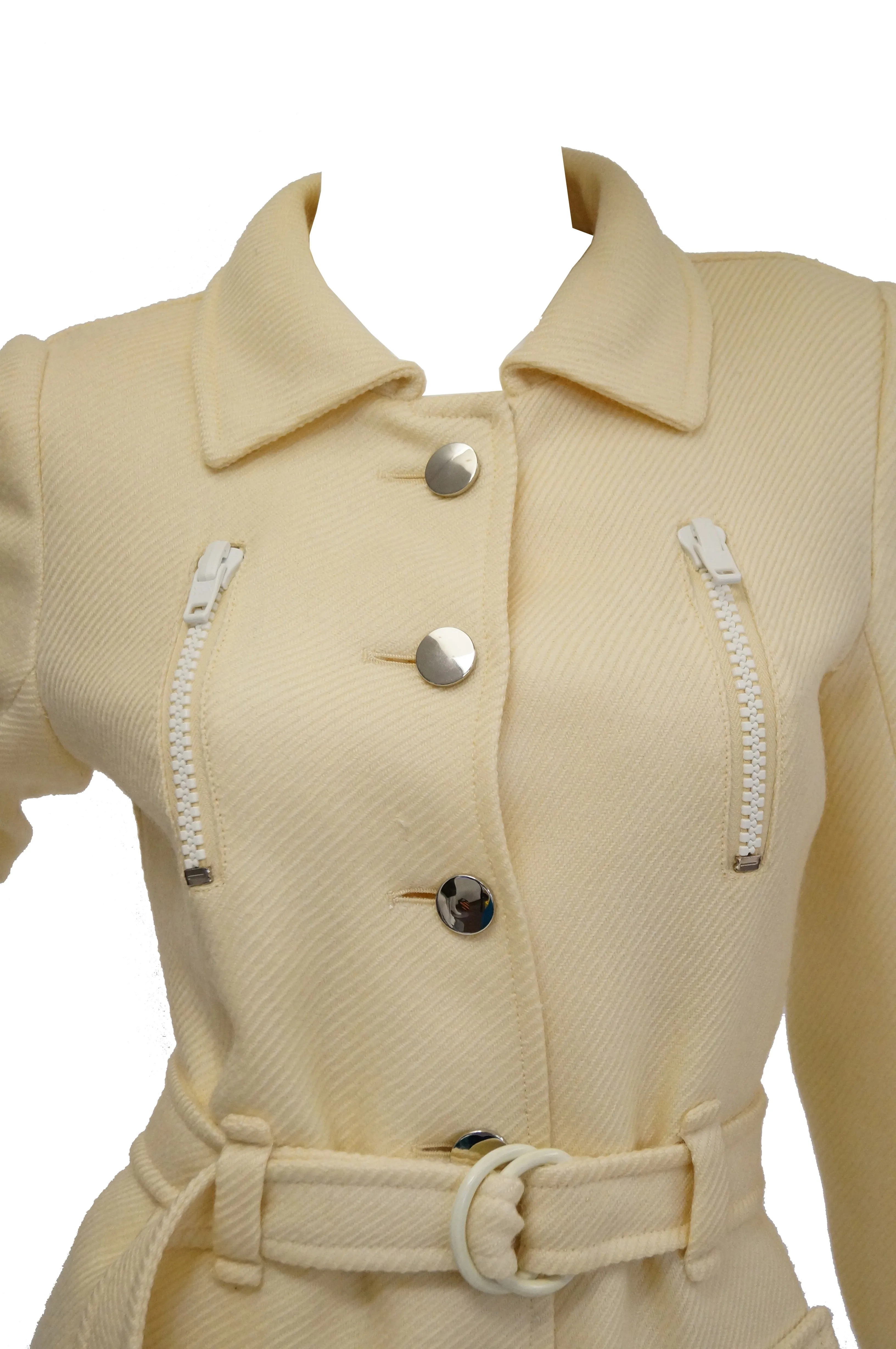 1960s Courreges Hyperbole Cream Wool Coat with Accent Zippers and Buttons