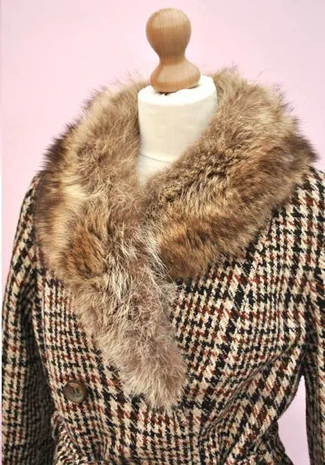 1960s Vintage Tweed Check Double Breasted Coat with Fox Trim Collar