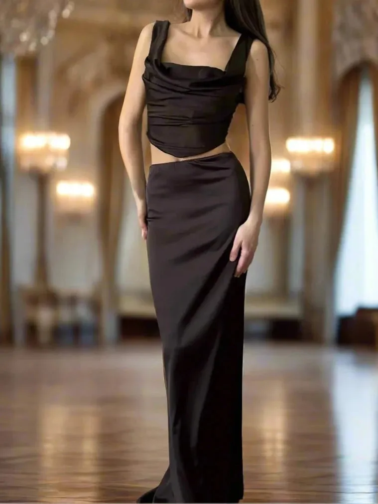 A&A Satin Two Piece Elegant Corset Style Top and Maxi Skirt