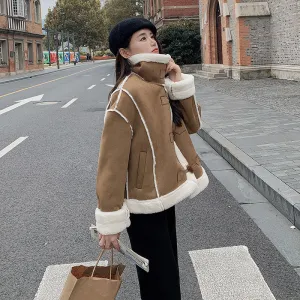 Amozae fall outfits women Brown Deerskin Fur Integrated Motorcycle Clothing Short Coat Women's Winter New Fleece-lined Thickened Lamb Wool Cotton-Padded Coat