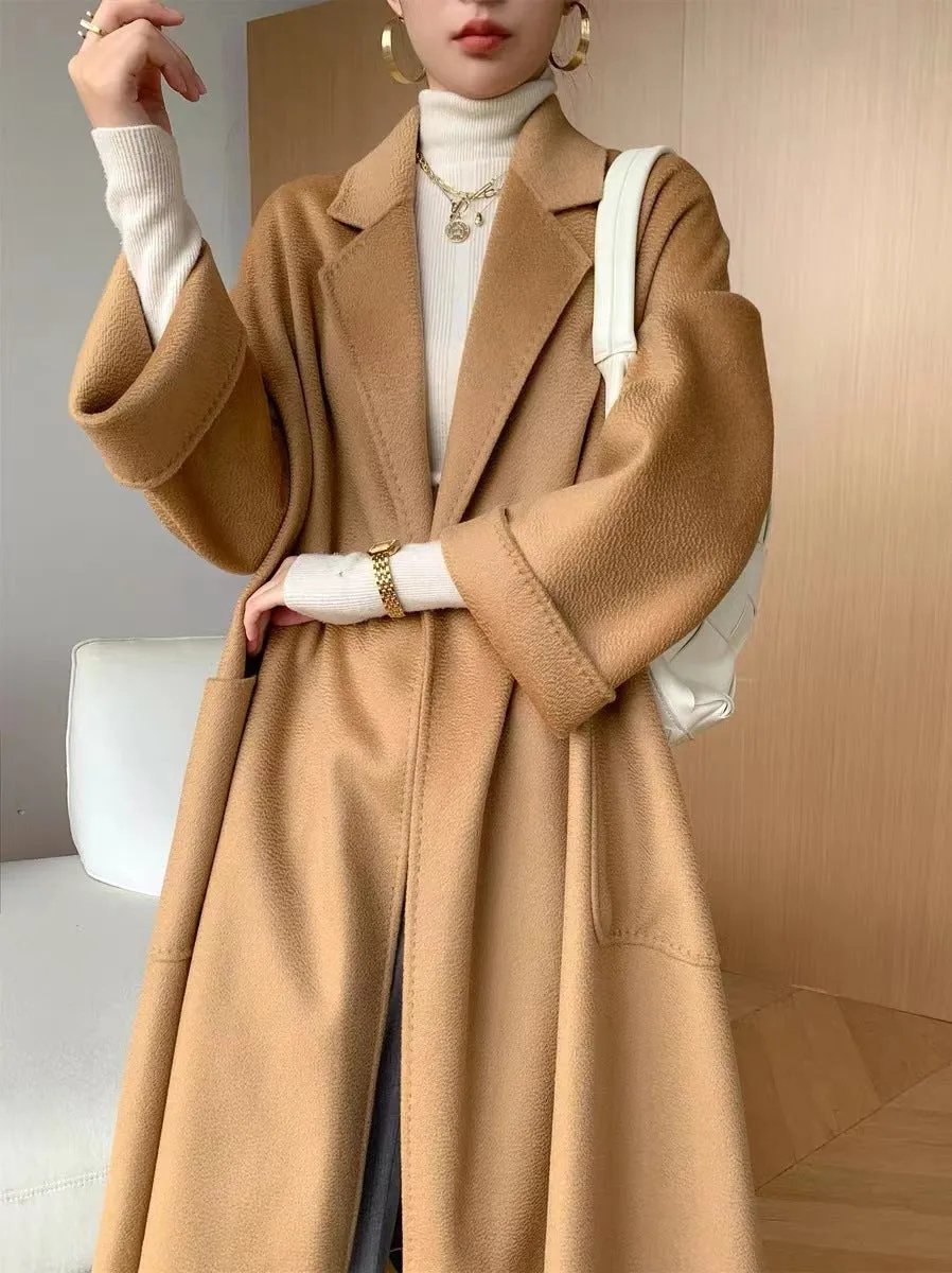 Amozae winter outfits men 2024 Double-Sided Woolen Coat Women's M Labbro Water Ripple Bathrobe Belt Cashmere Wool Coat Women's Clothing