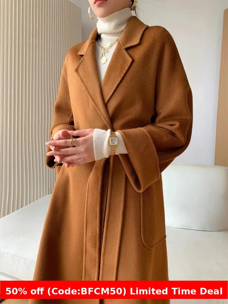 Amozae winter outfits men 2024 Double-Sided Woolen Coat Women's M Labbro Water Ripple Bathrobe Belt Cashmere Wool Coat Women's Clothing