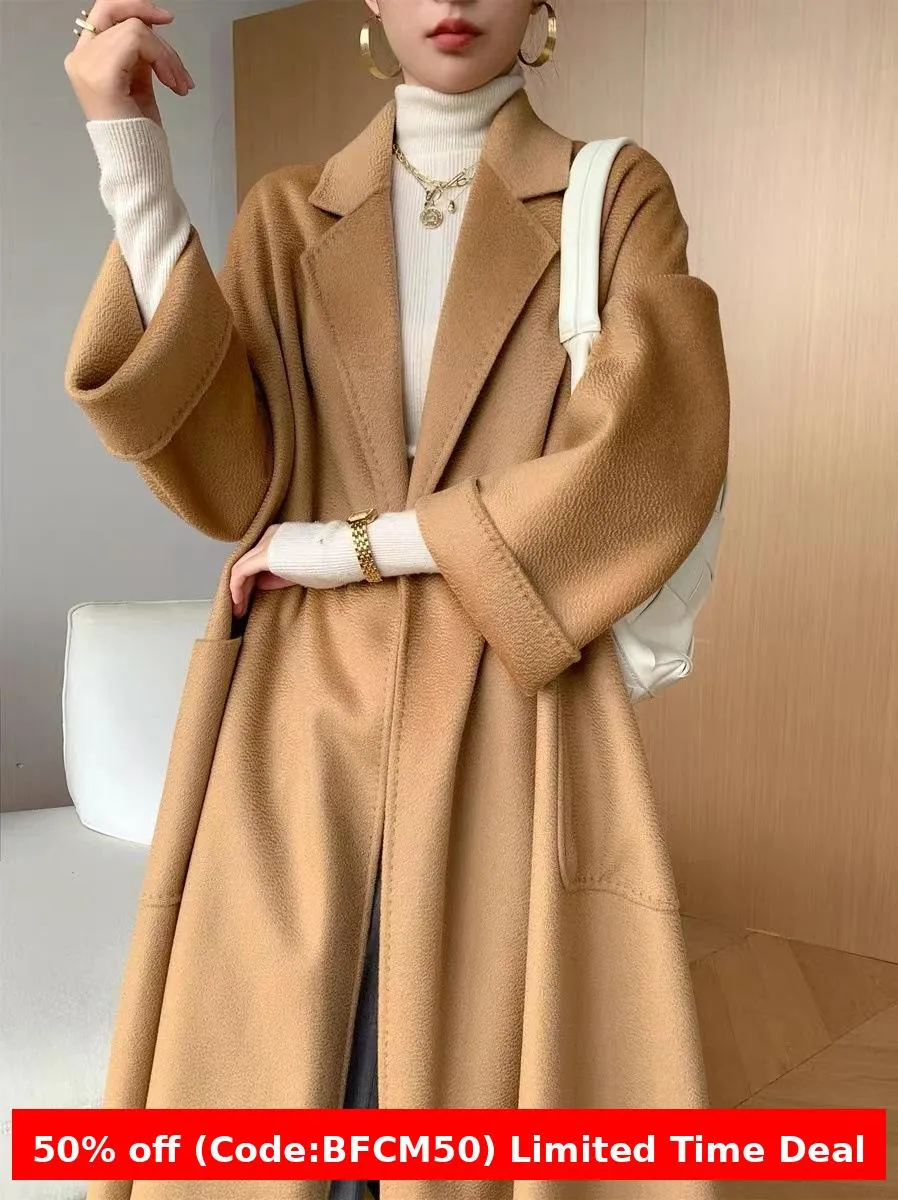 Amozae winter outfits men 2024 Double-Sided Woolen Coat Women's M Labbro Water Ripple Bathrobe Belt Cashmere Wool Coat Women's Clothing