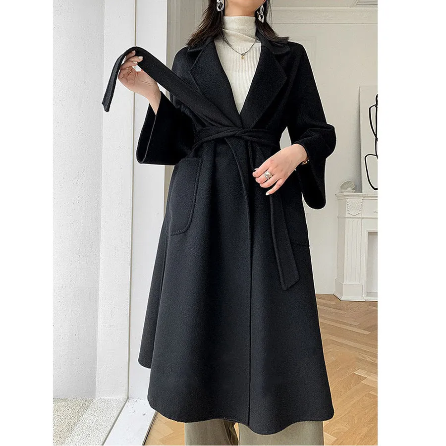 Amozae winter outfits men 2024 Double-Sided Woolen Coat Women's M Labbro Water Ripple Bathrobe Belt Cashmere Wool Coat Women's Clothing