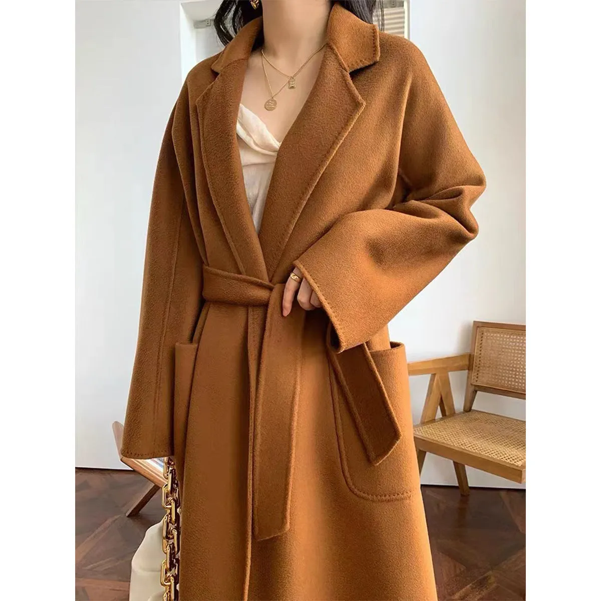 Amozae winter outfits men 2024 Double-Sided Woolen Coat Women's M Labbro Water Ripple Bathrobe Belt Cashmere Wool Coat Women's Clothing