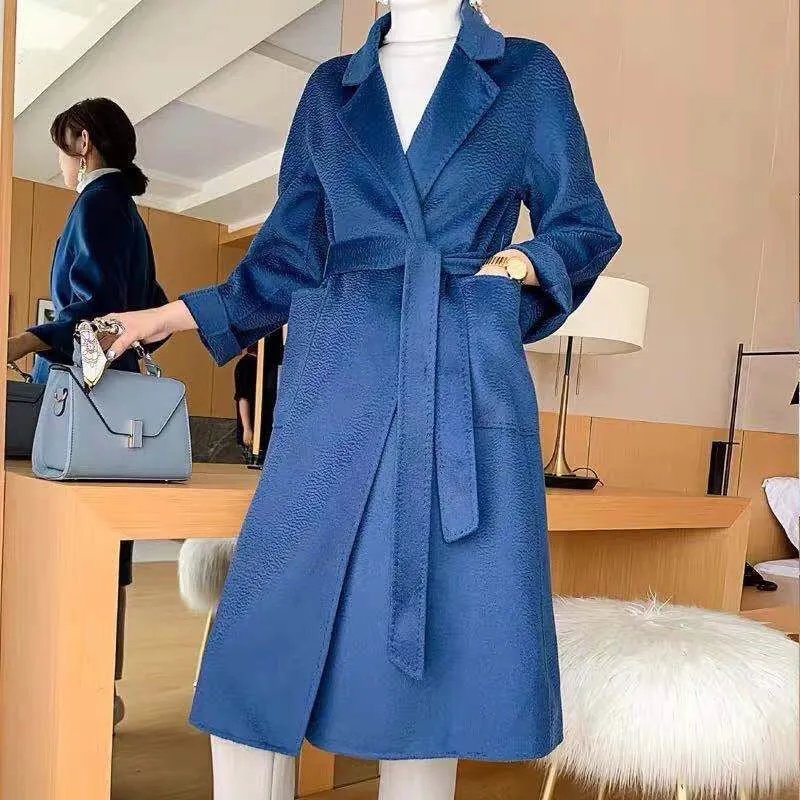 Amozae winter outfits men 2024 Double-Sided Woolen Coat Women's M Labbro Water Ripple Bathrobe Belt Cashmere Wool Coat Women's Clothing