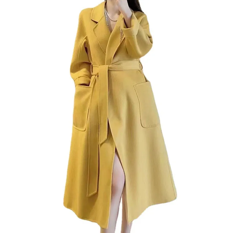 Amozae winter outfits men Popular 2024 Water Ripple Double-Sided Cashmere Coat Women's Extended Bathrobe Autumn and Winter Coat Women