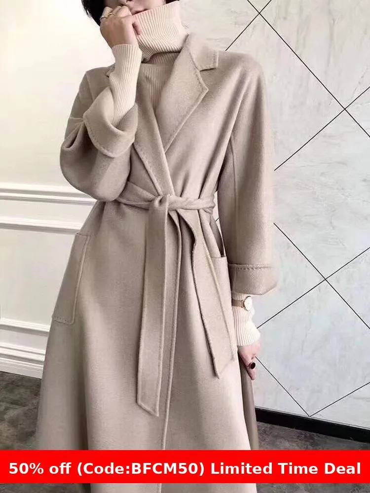 Amozae winter outfits men Popular 2024 Water Ripple Double-Sided Cashmere Coat Women's Extended Bathrobe Autumn and Winter Coat Women