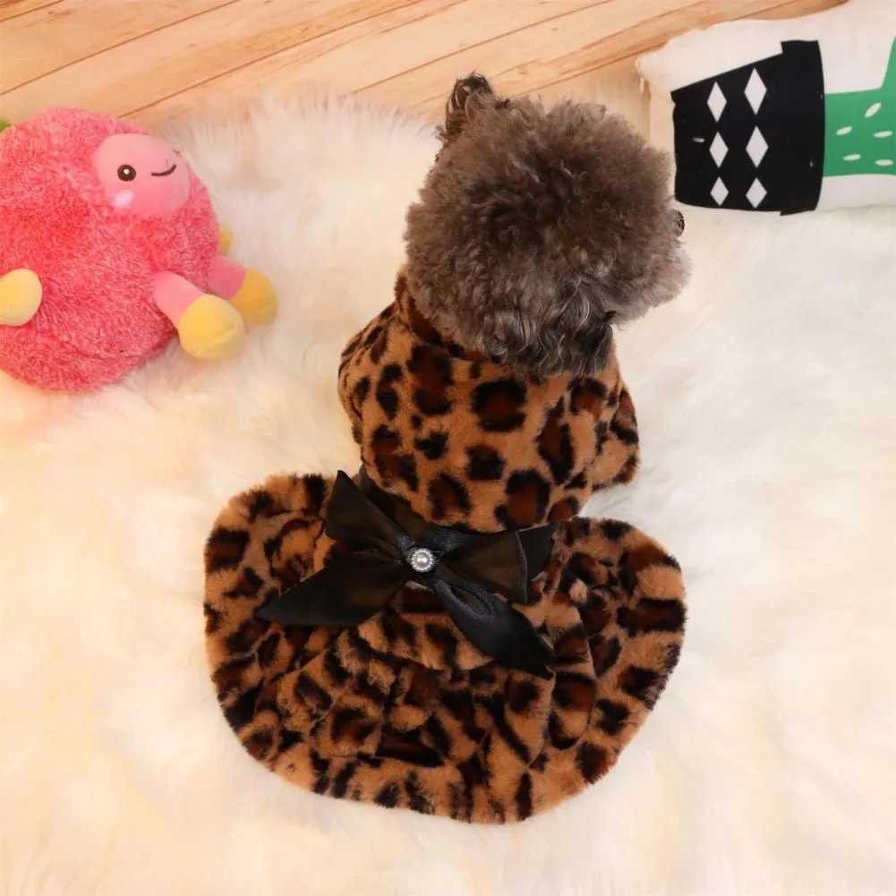 Anniepaw Pet Clothes Elegant Luxury Fur Dress Winter Overcoat Small Dog Cat Clothes Bowknot Leopard Chihuahua Noble Princess Party Dress