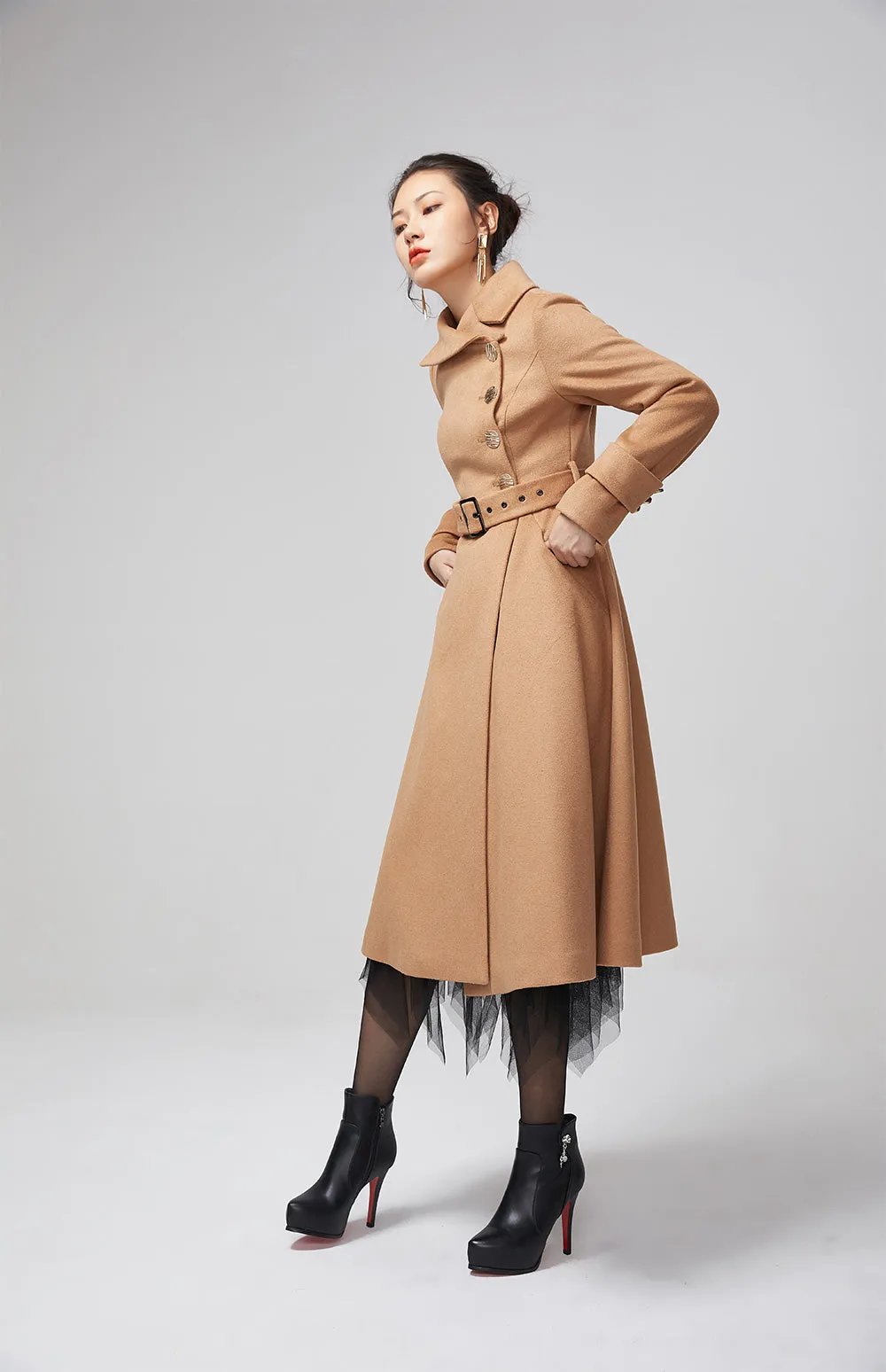 Asymmetrical brown warm wool coat with belt 2204#