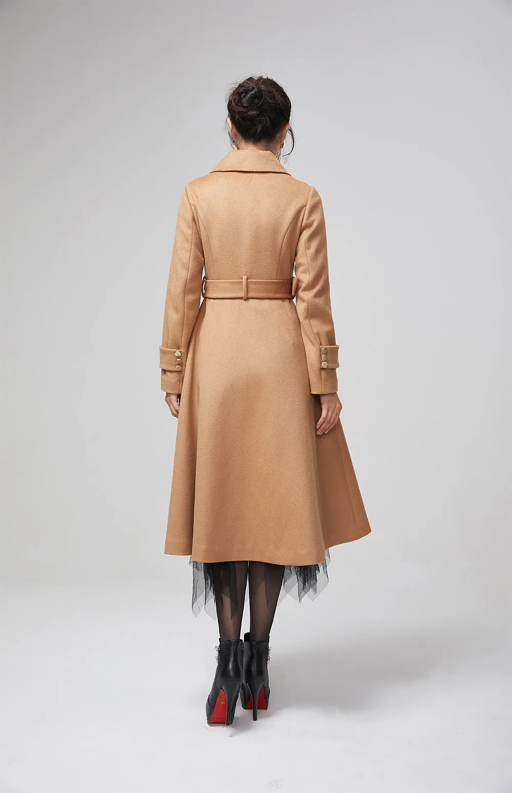 Asymmetrical brown warm wool coat with belt 2204#