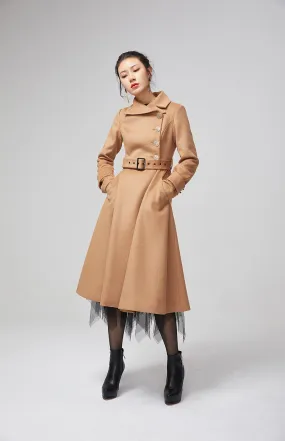 Asymmetrical brown warm wool coat with belt 2204#