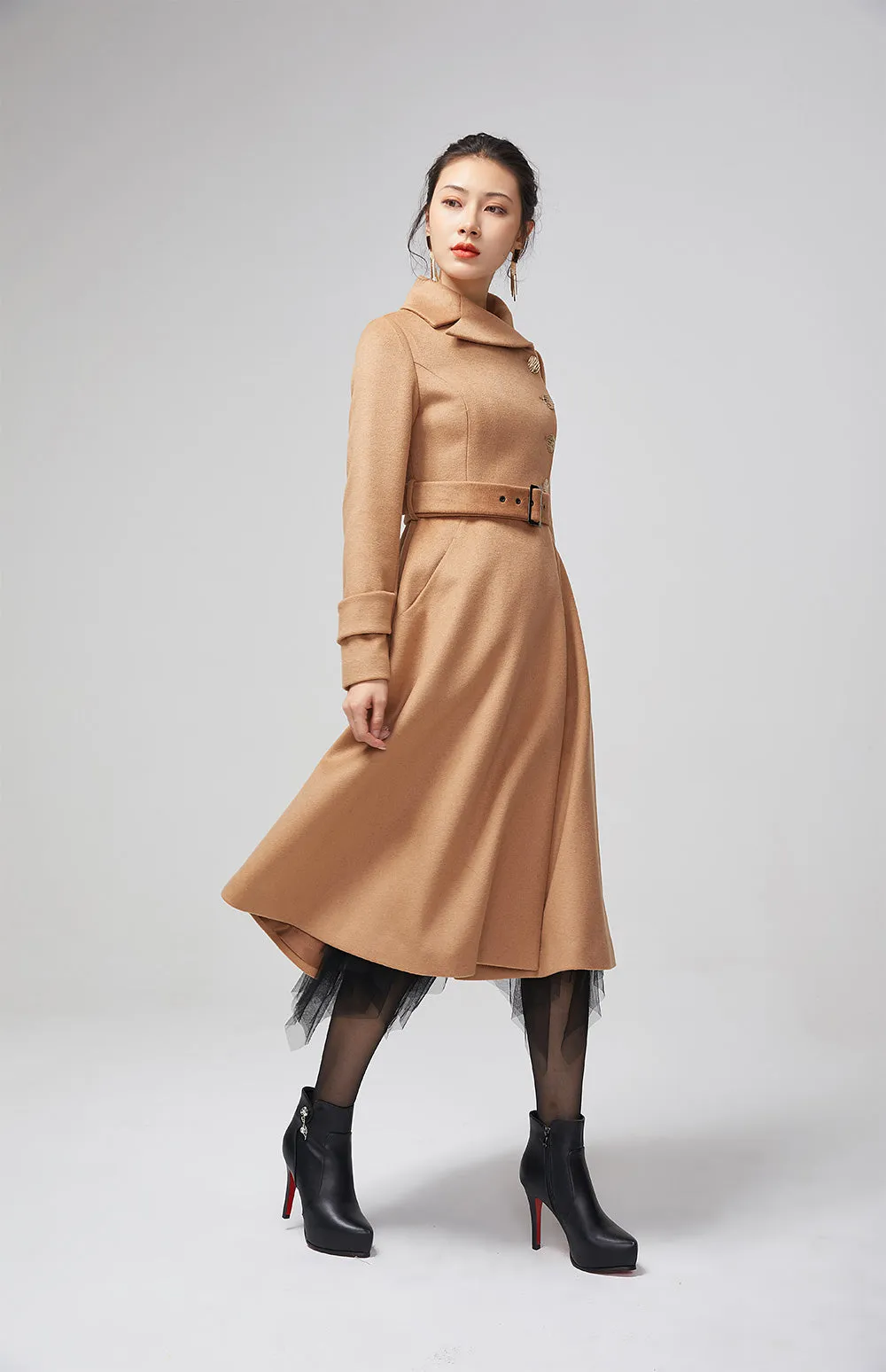 Asymmetrical brown warm wool coat with belt 2204#