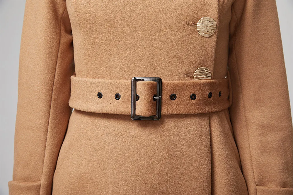 Asymmetrical brown warm wool coat with belt 2204#