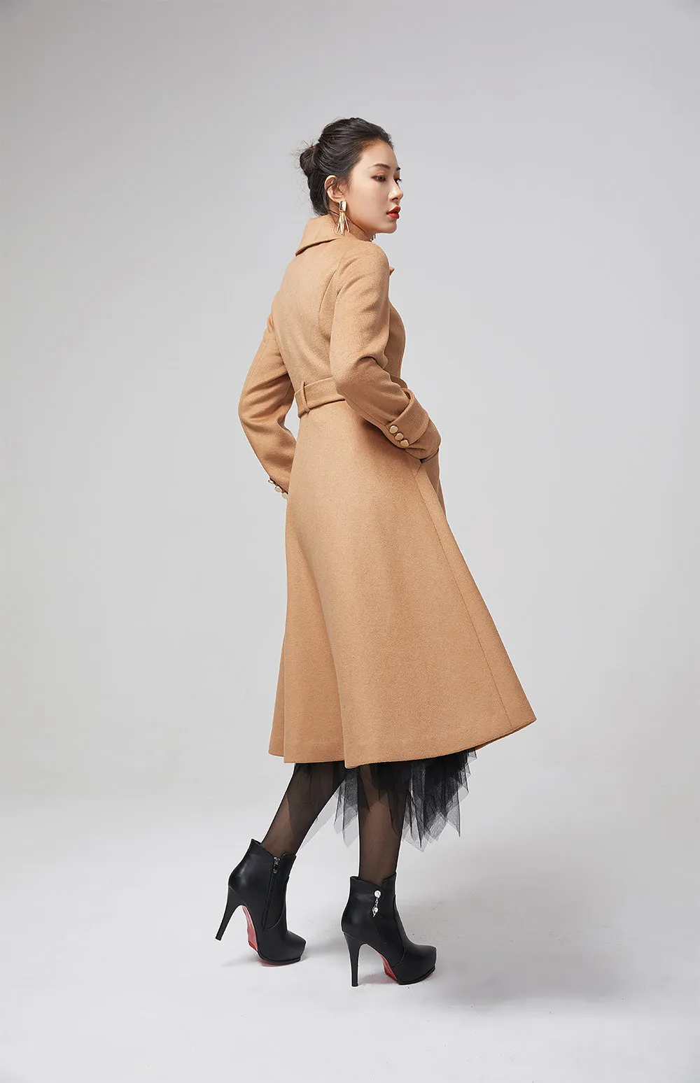 Asymmetrical brown warm wool coat with belt 2204#