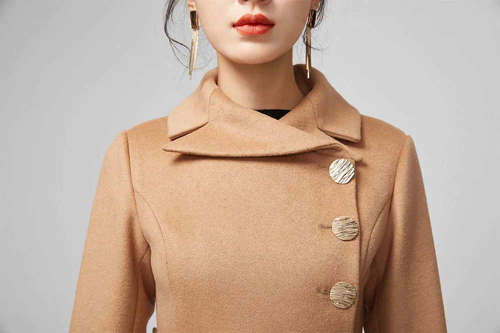 Asymmetrical brown warm wool coat with belt 2204#