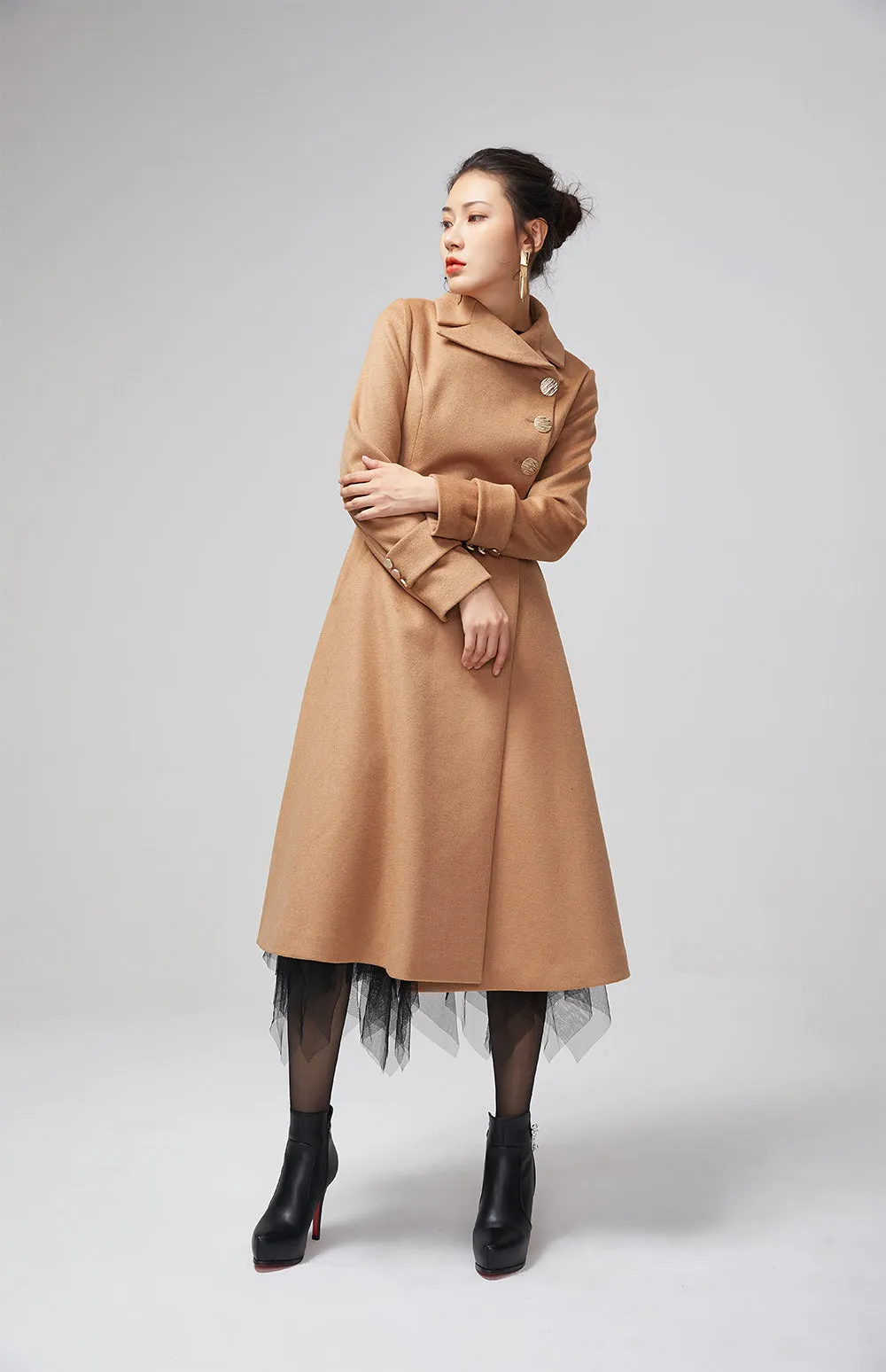 Asymmetrical brown warm wool coat with belt 2204#