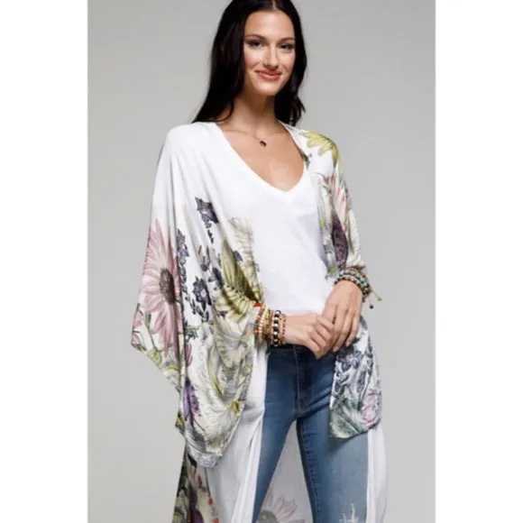 Aurelia Floral Motif Flower Sheer Kimono Long Maxi Open Duster Wrap Coverup