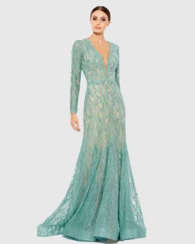 Beaded Illusion Long Sleeve Plunge Neck Gown