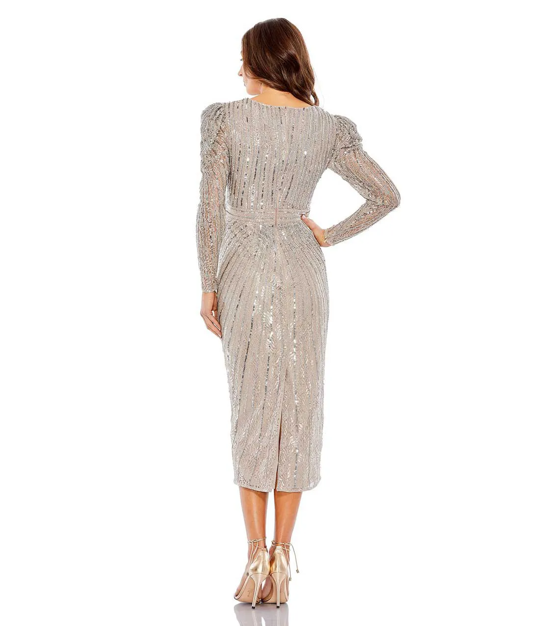 Beaded Lace Long Sleeve Midi  Dress