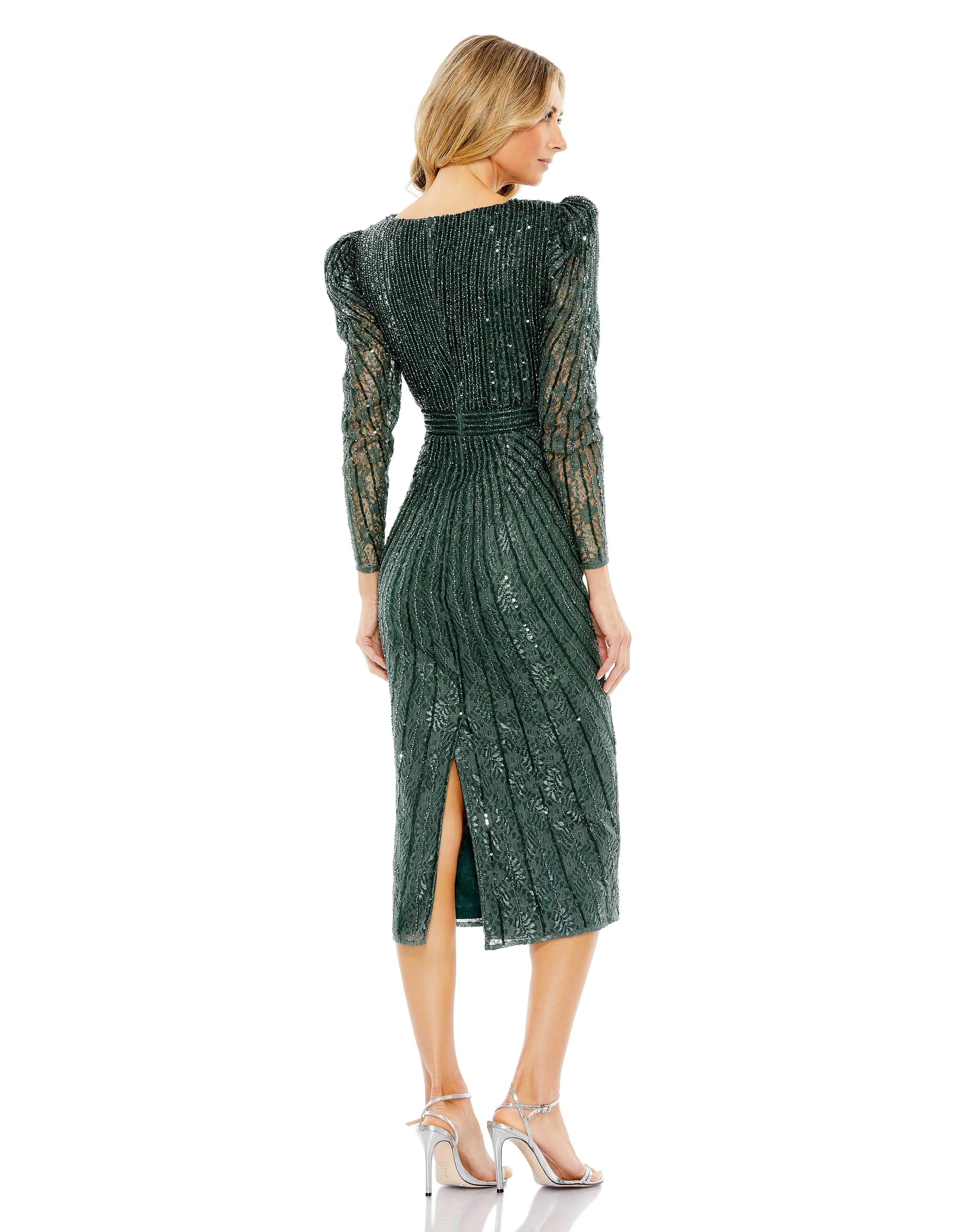 Beaded Lace Long Sleeve Midi  Dress