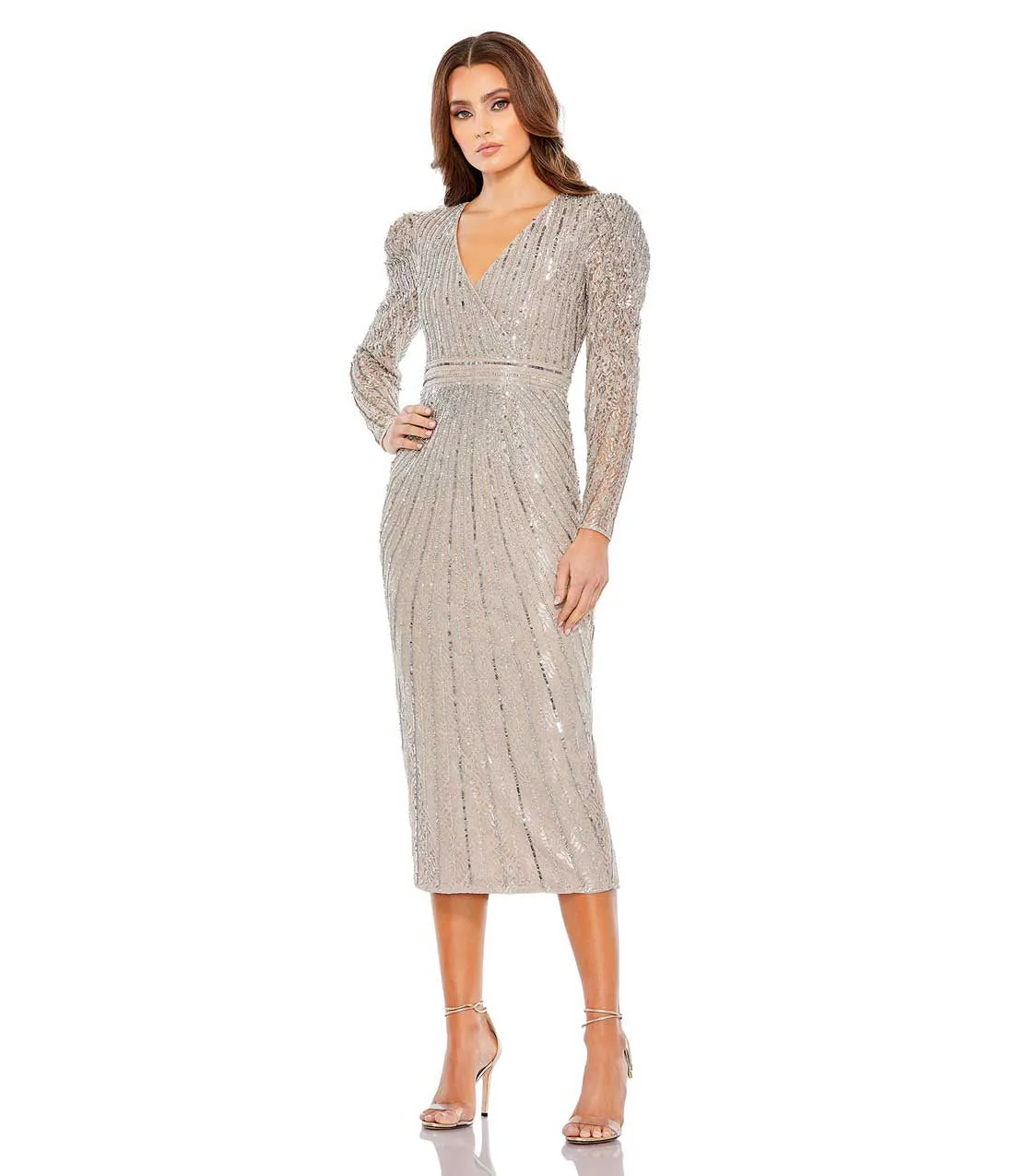 Beaded Lace Long Sleeve Midi  Dress