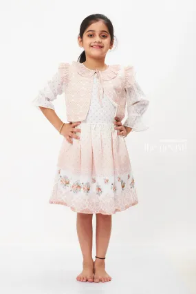 Beige Floral Lace Fancy Cotton Frock with Sheer Jacket for Girls