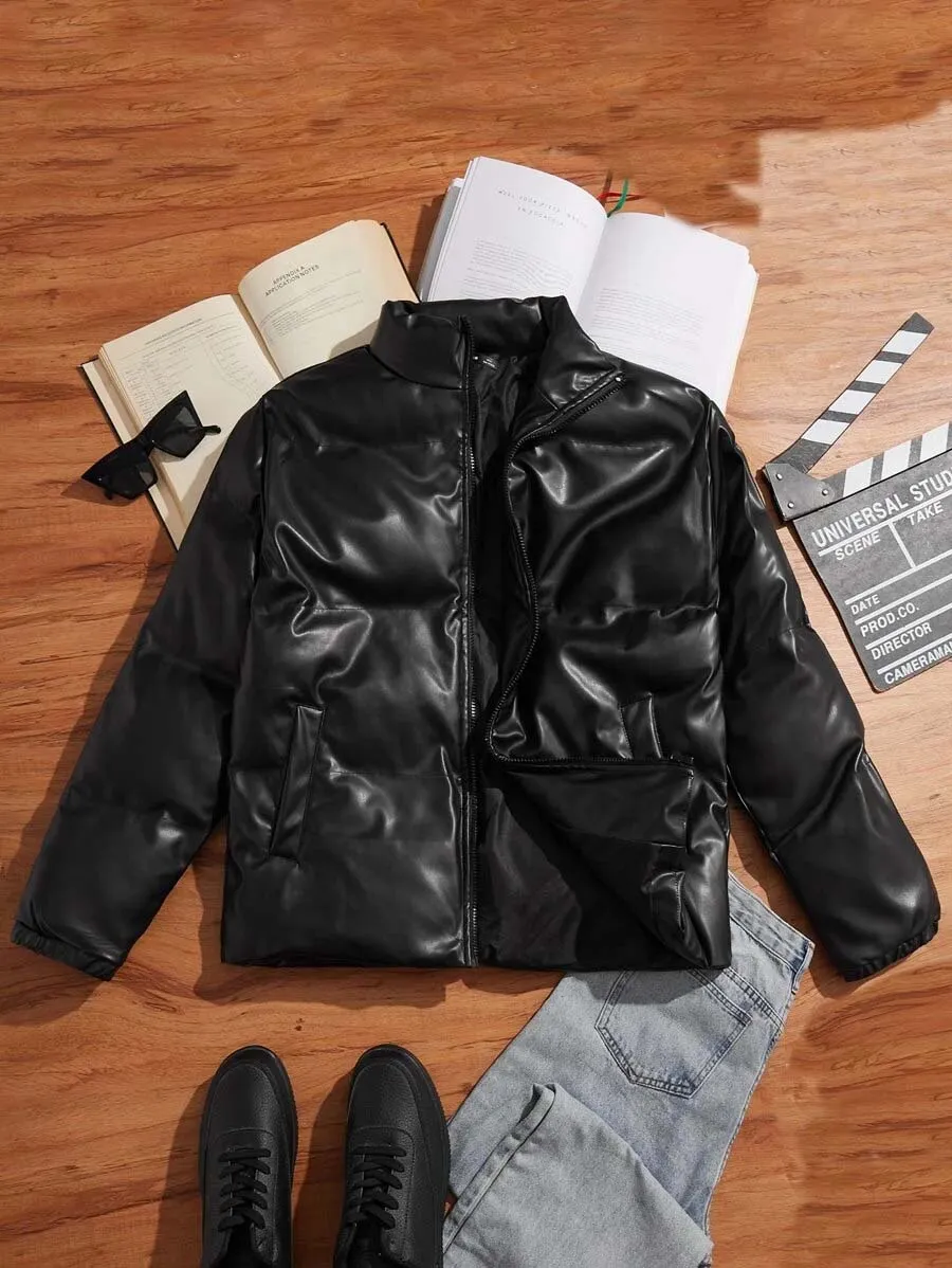 Best Black Leather Bubble Jacket Men Zip Up PU Puffer Coat