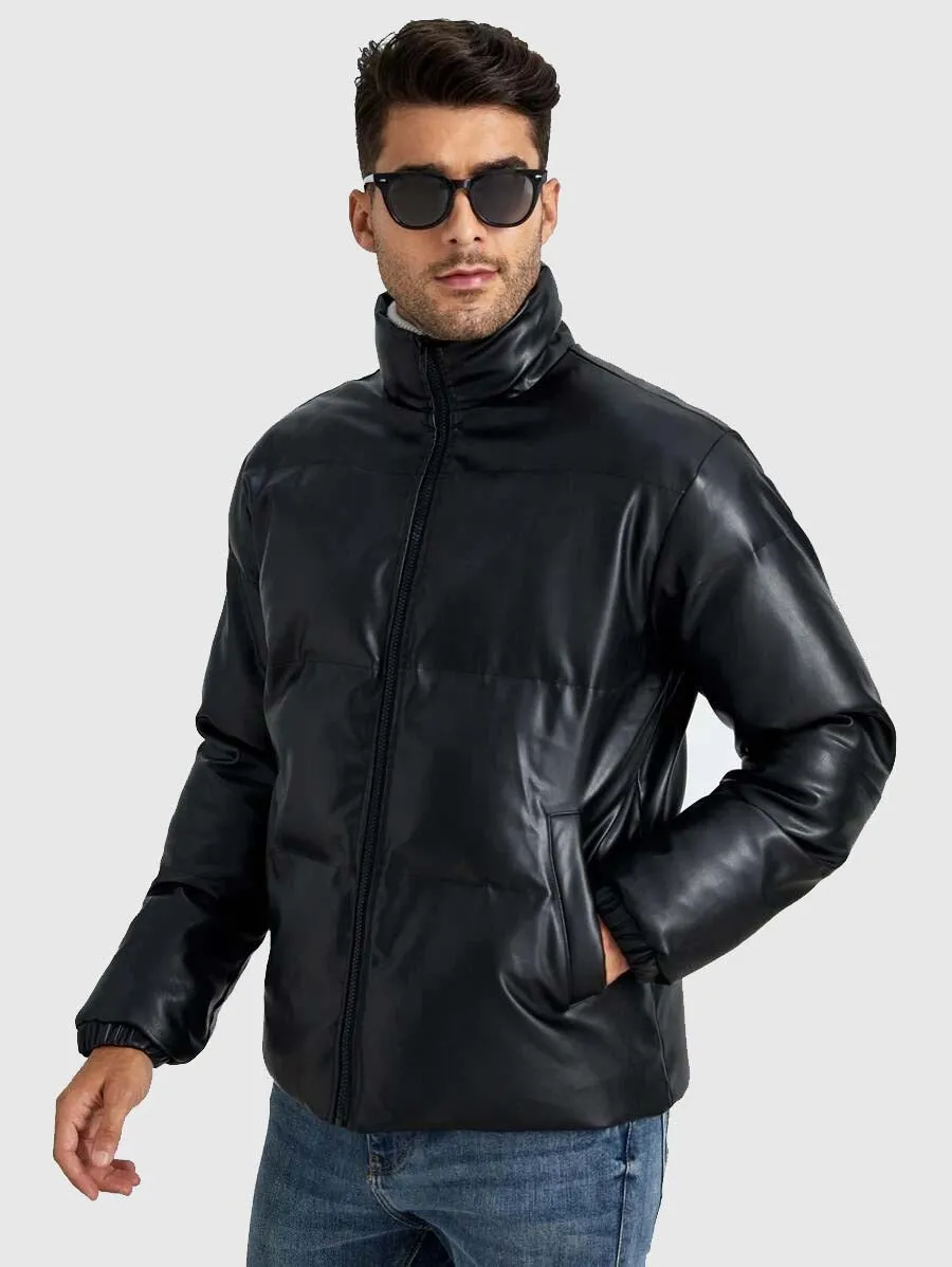 Best Black Leather Bubble Jacket Men Zip Up PU Puffer Coat