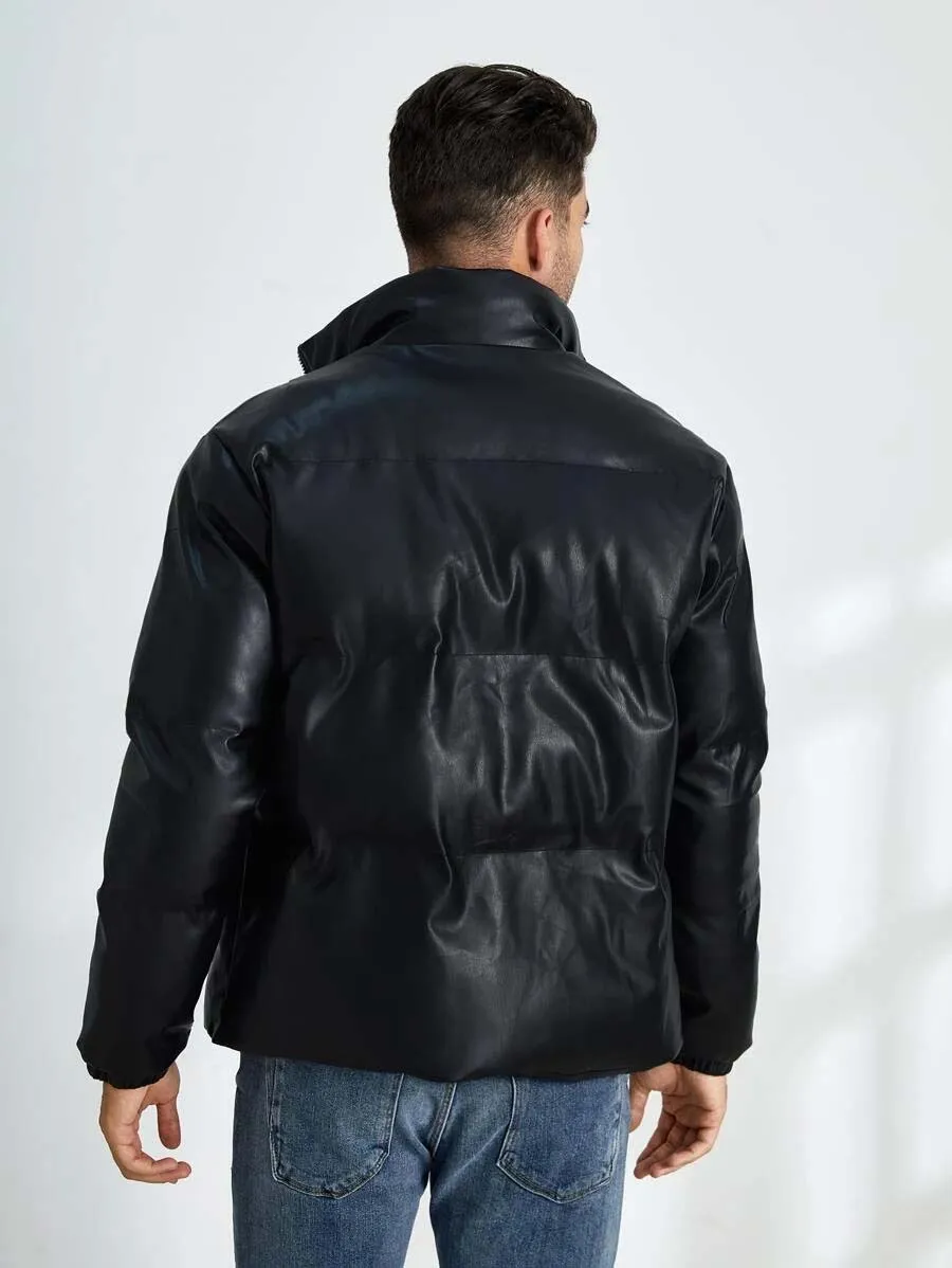 Best Black Leather Bubble Jacket Men Zip Up PU Puffer Coat