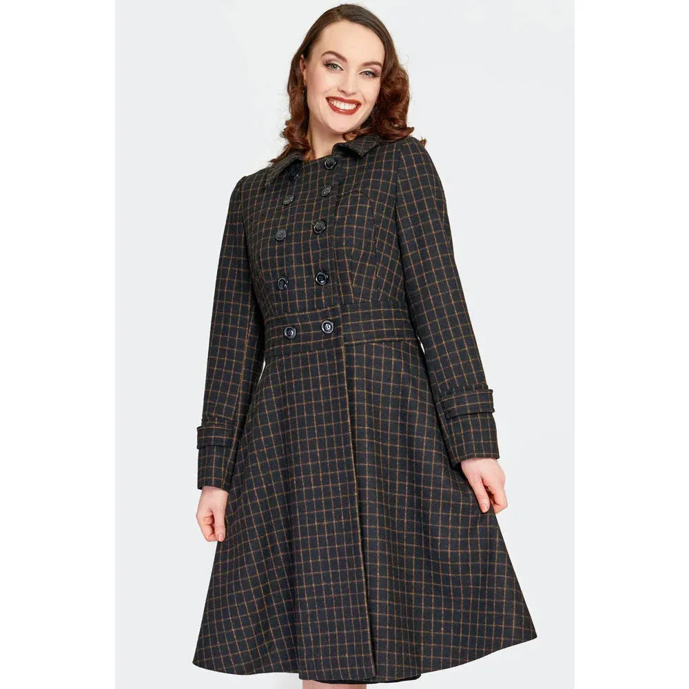 Black Brown Double Breasted Wool Vintage Check Print Winter Coat