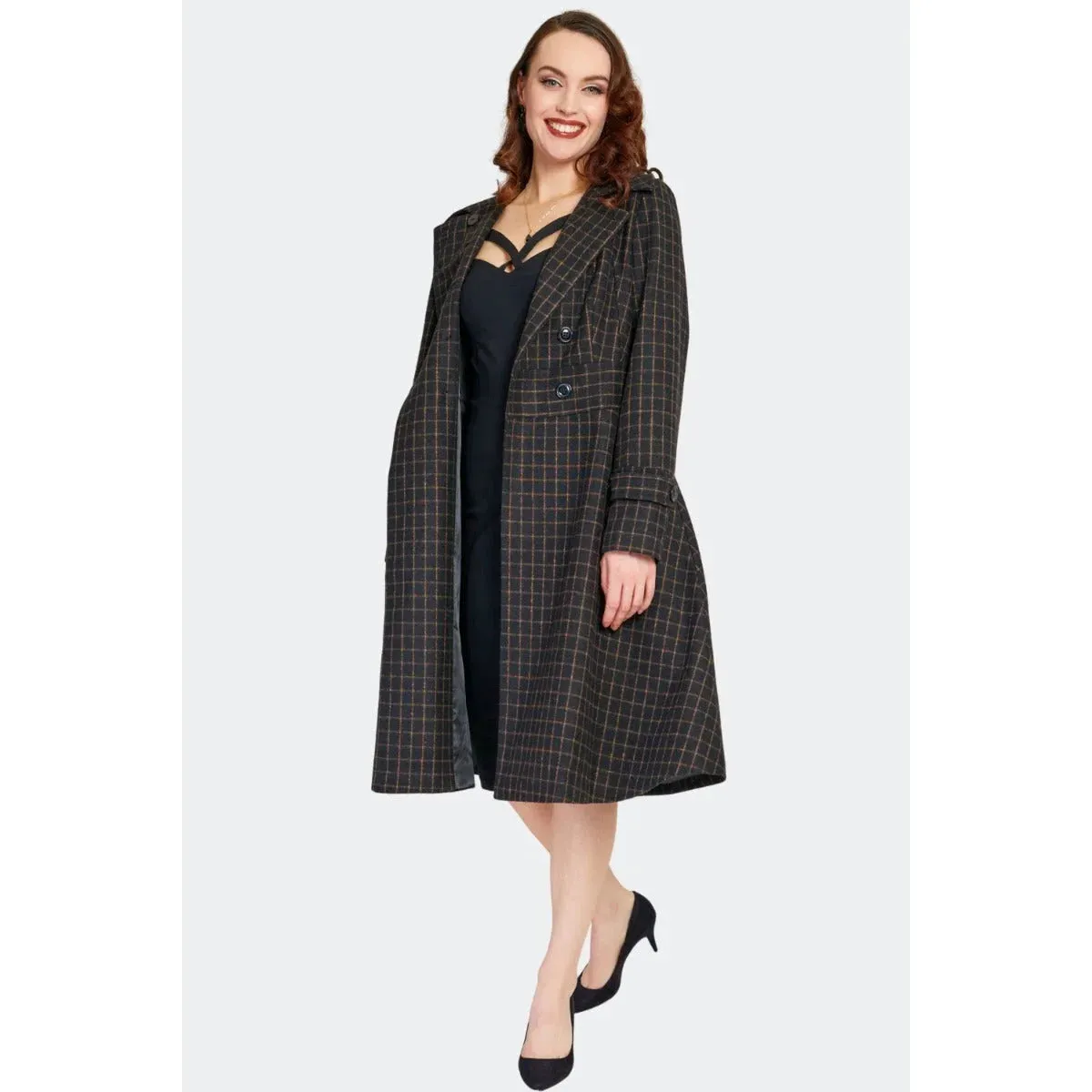 Black Brown Double Breasted Wool Vintage Check Print Winter Coat