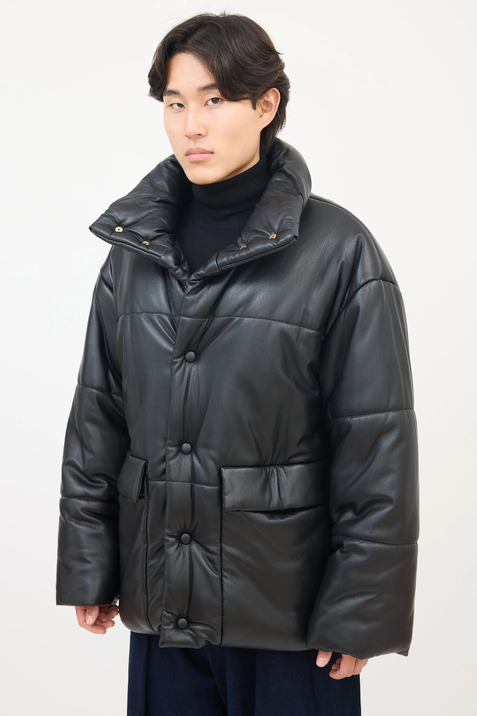 Black Faux Leather Hide Puffer Jacket