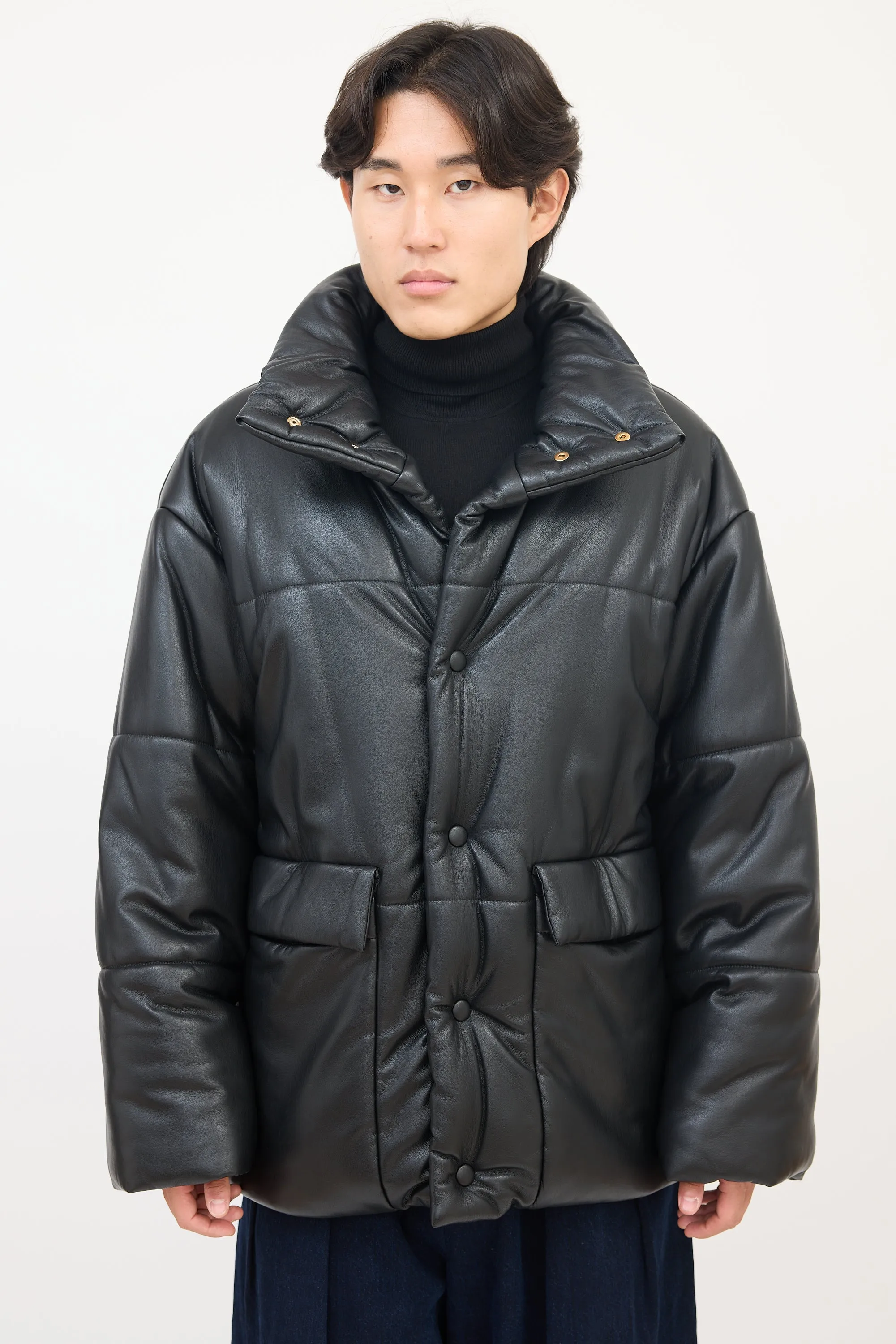 Black Faux Leather Hide Puffer Jacket