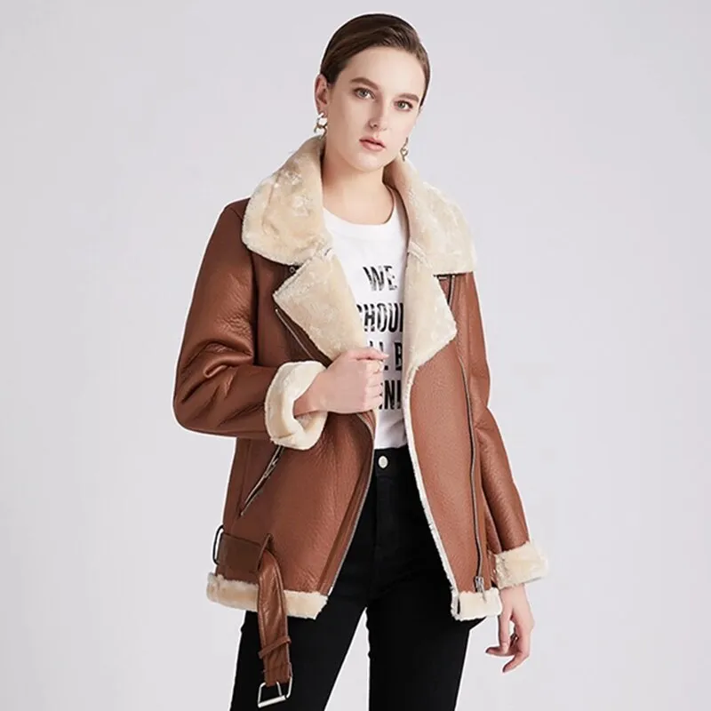 Black Friday Sales New Women Winter Lambs Wool Parkas Fur Collar Zipper Jacket Warm Thick Outerwear Faux Lamb Leather Coat Moto Outwear