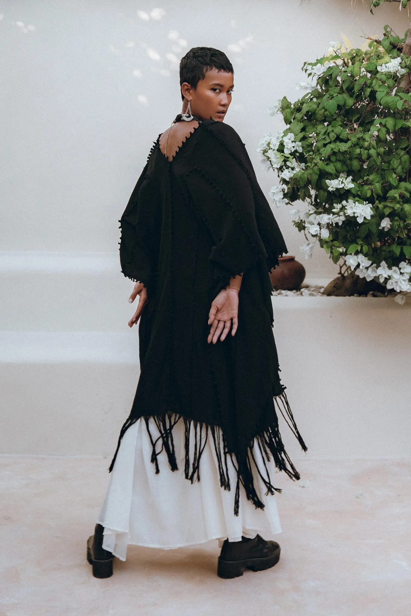 Black Poncho Robe • Boho Cape for Women • Bohemian Kimono Overcoat