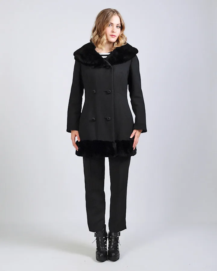 Black Sheared Fur   Wool Coat