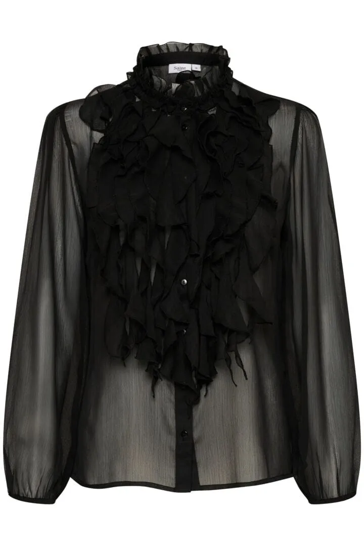 BLACK SHEER FRONT RUFFLE DETAIL  BLOUSE