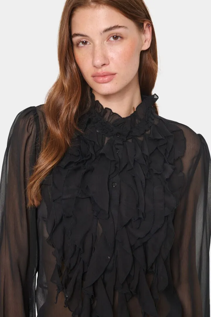 BLACK SHEER FRONT RUFFLE DETAIL  BLOUSE