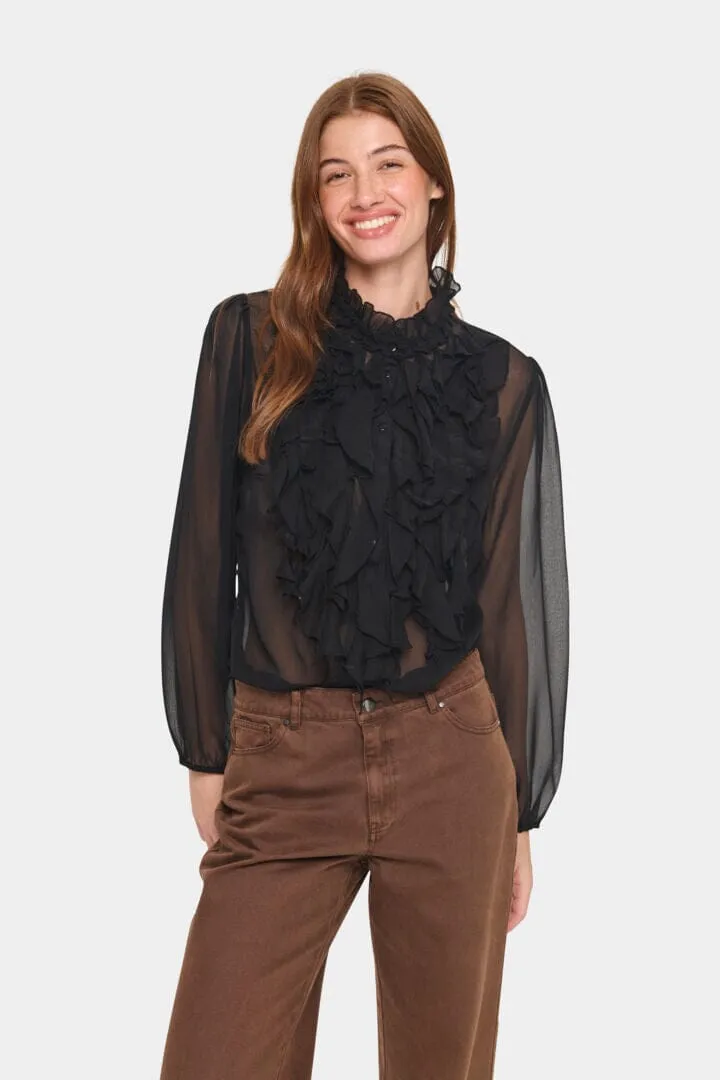 BLACK SHEER FRONT RUFFLE DETAIL  BLOUSE