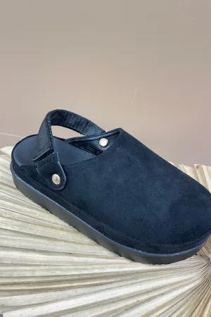 Black suedette clogs