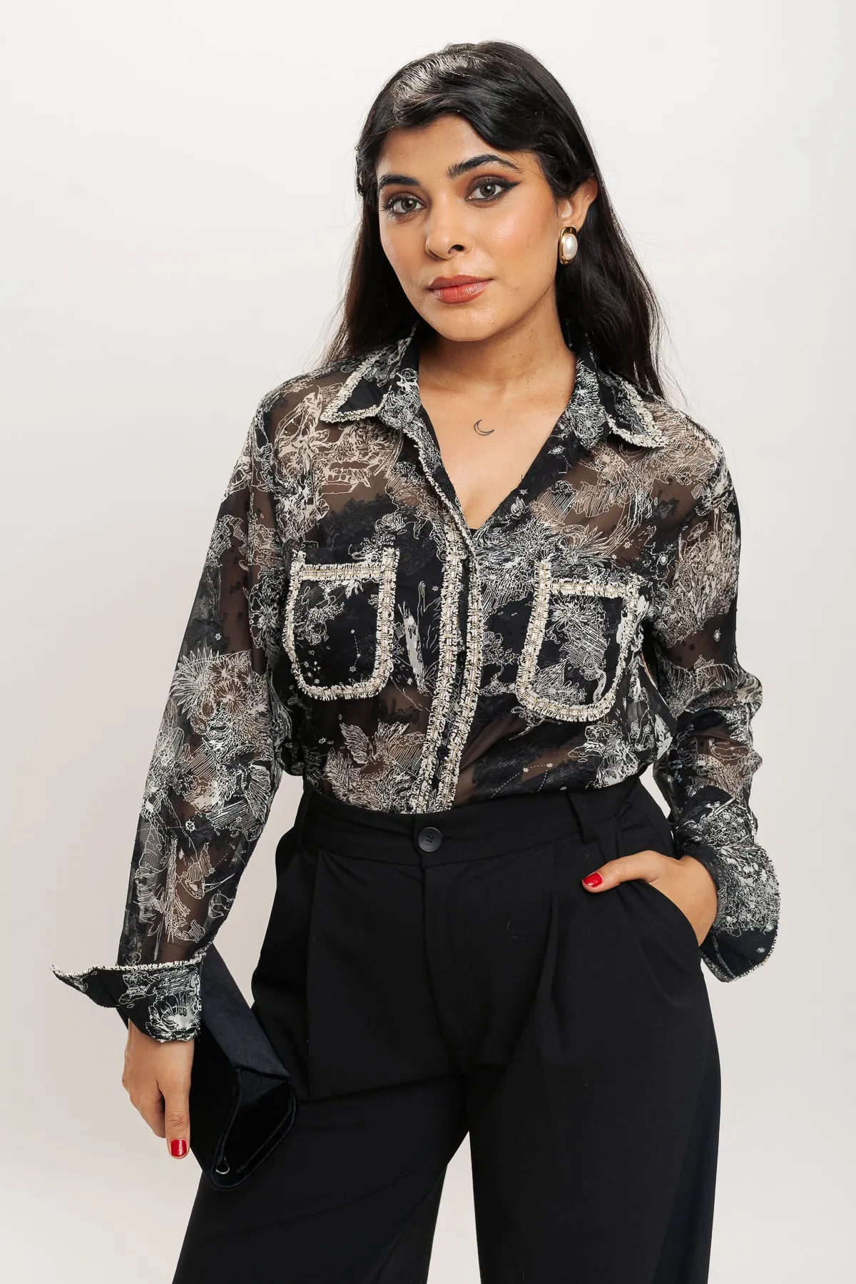 Black White Printed Sheer Shirt