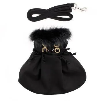 Black Wool and Black Fur Dog Harness Coat