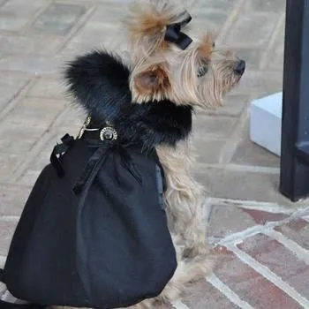 Black Wool and Black Fur Dog Harness Coat