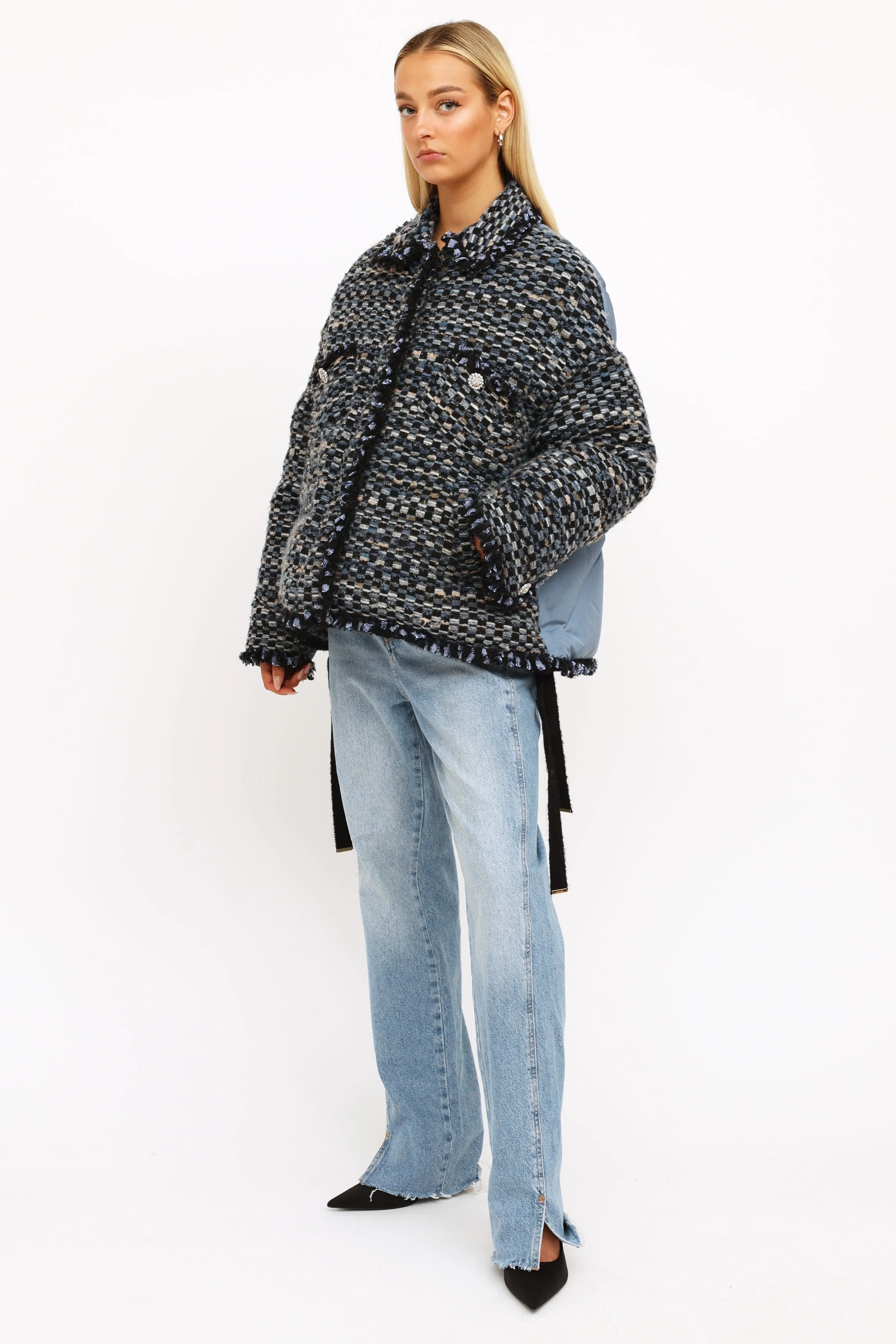 Blue Tweed Down Puffer Jacket