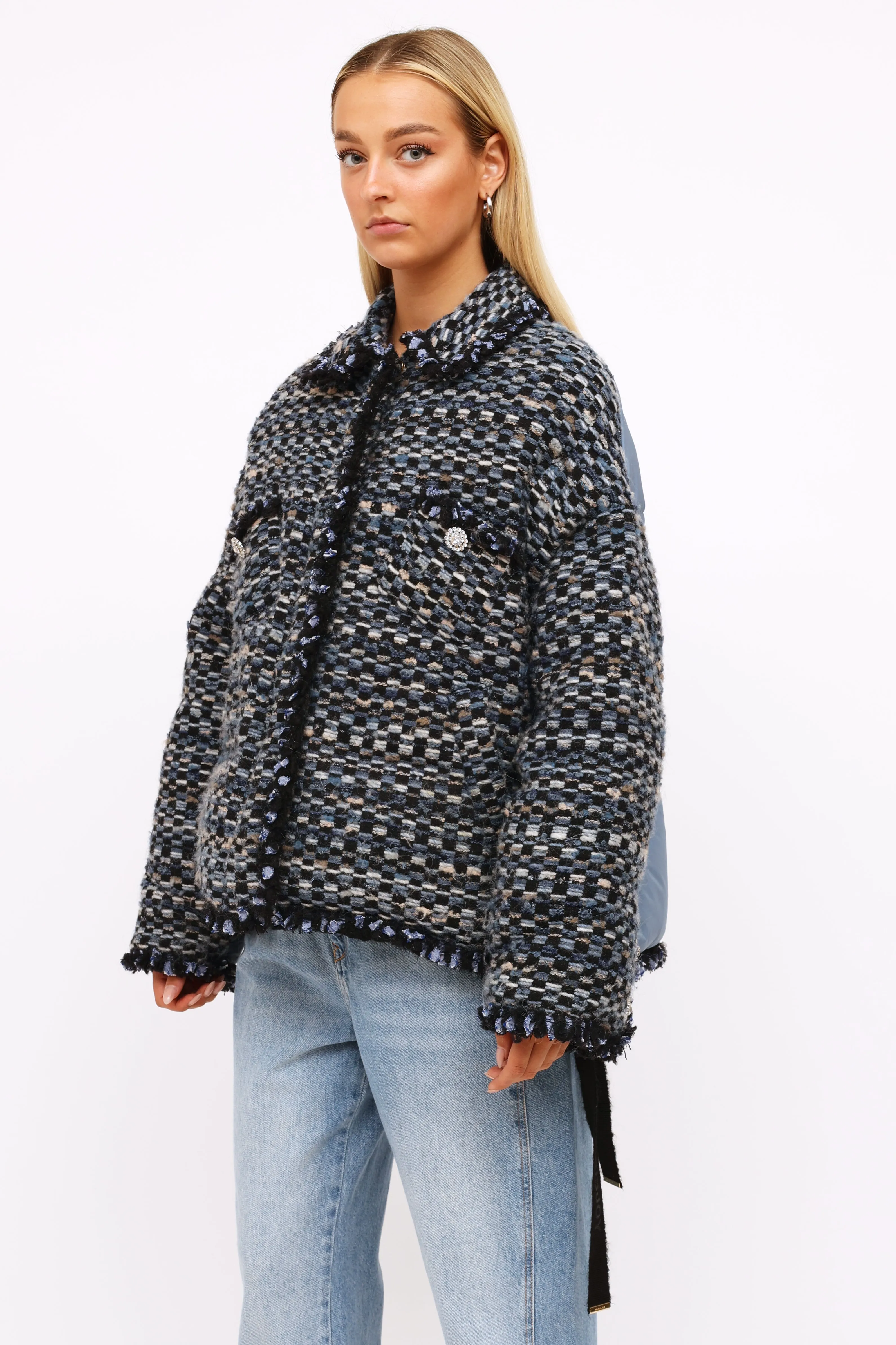 Blue Tweed Down Puffer Jacket